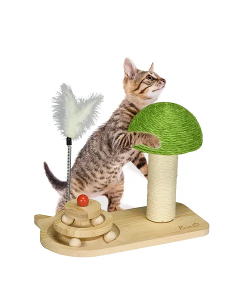 PawHut Mushroom-Shaped Cat Scratching Post, with Toy Balls, Feather for Indoor Cats, 35 x 21 x 26cm - Natural Tone