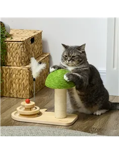 PawHut Mushroom-Shaped Cat Scratching Post, with Toy Balls, Feather for Indoor Cats, 35 x 21 x 26cm - Natural Tone 2