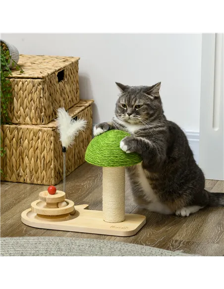 PawHut Mushroom-Shaped Cat Scratching Post, with Toy Balls, Feather for Indoor Cats, 35 x 21 x 26cm - Natural Tone