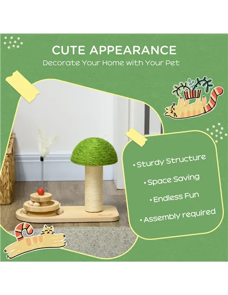 PawHut Mushroom-Shaped Cat Scratching Post, with Toy Balls, Feather for Indoor Cats, 35 x 21 x 26cm - Natural Tone