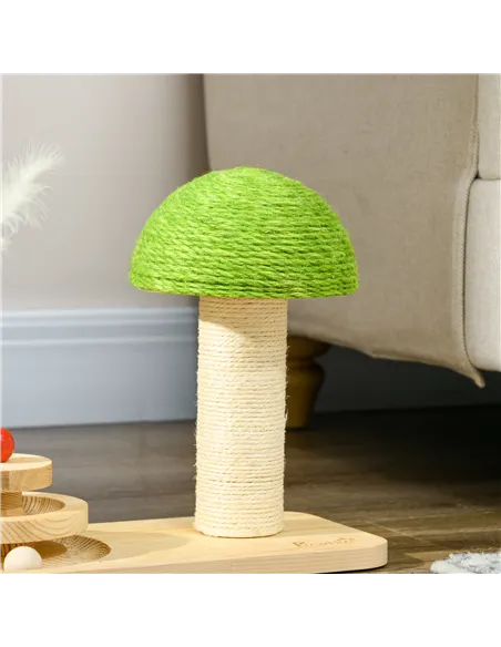 PawHut Mushroom-Shaped Cat Scratching Post, with Toy Balls, Feather for Indoor Cats, 35 x 21 x 26cm - Natural Tone