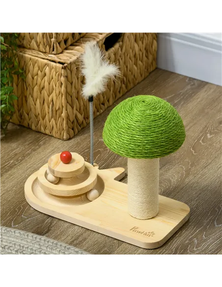 PawHut Mushroom-Shaped Cat Scratching Post, with Toy Balls, Feather for Indoor Cats, 35 x 21 x 26cm - Natural Tone