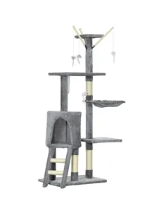 PawHut Cat Scratching Post Cat Tree for Indoor Cats Climbing Tower Scratcher w/ Ladder Kitty Activity Centre 135cm Grey