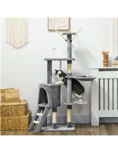 PawHut Cat Scratching Post Cat Tree for Indoor Cats Climbing Tower Scratcher w/ Ladder Kitty Activity Centre 135cm Grey 2