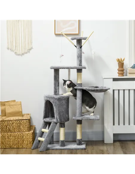 PawHut Cat Scratching Post Cat Tree for Indoor Cats Climbing Tower Scratcher w/ Ladder Kitty Activity Centre 135cm Grey