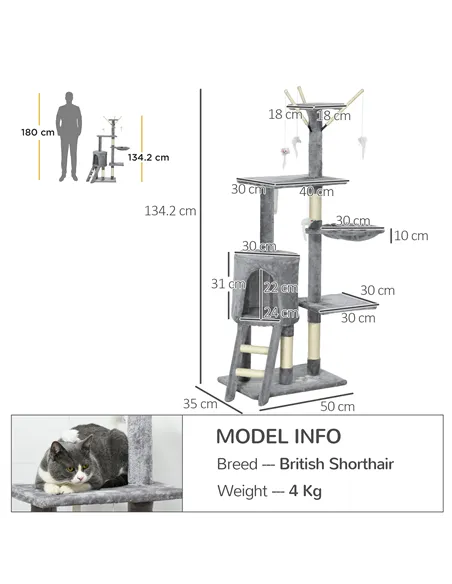 PawHut Cat Scratching Post Cat Tree for Indoor Cats Climbing Tower Scratcher w/ Ladder Kitty Activity Centre 135cm Grey
