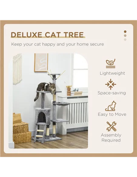 PawHut Cat Scratching Post Cat Tree for Indoor Cats Climbing Tower Scratcher w/ Ladder Kitty Activity Centre 135cm Grey