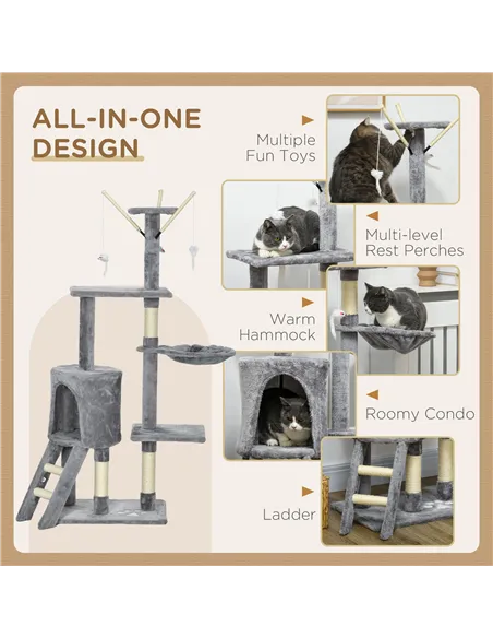 PawHut Cat Scratching Post Cat Tree for Indoor Cats Climbing Tower Scratcher w/ Ladder Kitty Activity Centre 135cm Grey
