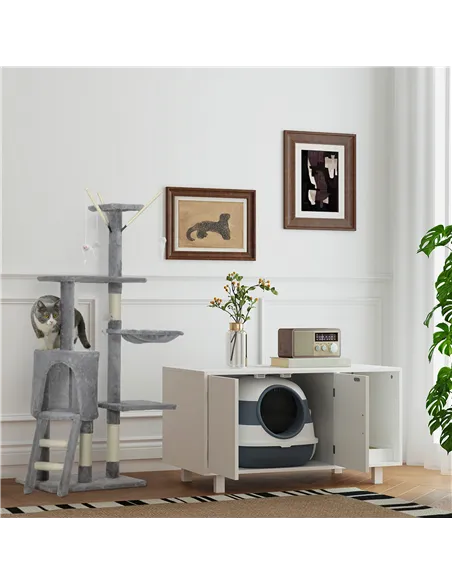PawHut Cat Scratching Post Cat Tree for Indoor Cats Climbing Tower Scratcher w/ Ladder Kitty Activity Centre 135cm Grey