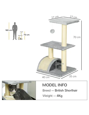 PawHut 72cm Cat Tree with Scratching Post, Pad for Indoor Cats - Light Grey