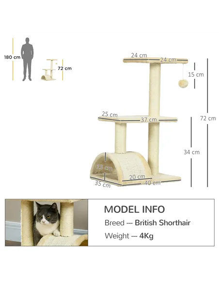 PawHut 72cm Cat Tree with Scratching Post, Pad for Indoor Cats - Cream White
