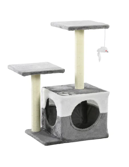 PawHut Cat Tree w/ Sisal Scratching Posts, House, Perches, Toy Mouse, Grey