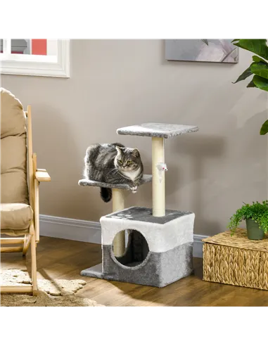 PawHut Cat Tree w/ Sisal Scratching Posts, House, Perches, Toy Mouse, Grey