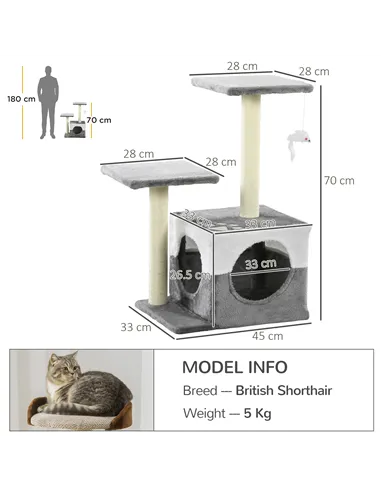 PawHut Cat Tree w/ Sisal Scratching Posts, House, Perches, Toy Mouse, Grey
