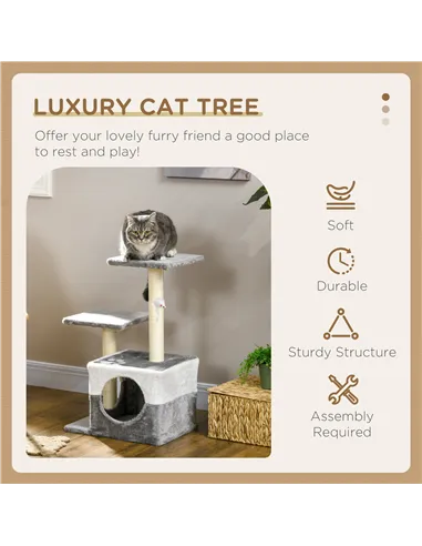 PawHut Cat Tree w/ Sisal Scratching Posts, House, Perches, Toy Mouse, Grey