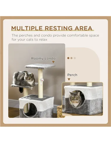 PawHut Cat Tree w/ Sisal Scratching Posts, House, Perches, Toy Mouse, Grey