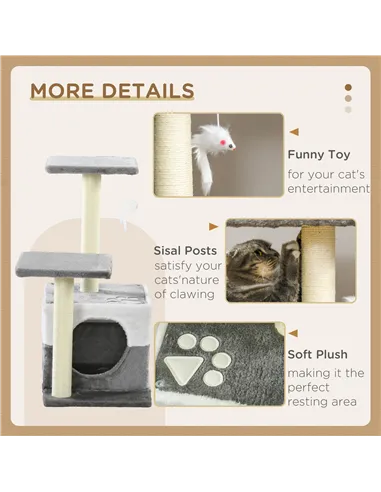 PawHut Cat Tree w/ Sisal Scratching Posts, House, Perches, Toy Mouse, Grey