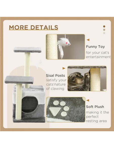 PawHut Cat Tree w/ Sisal Scratching Posts, House, Perches, Toy Mouse, Grey