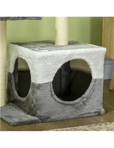 PawHut Cat Tree w/ Sisal Scratching Posts, House, Perches, Toy Mouse, Grey