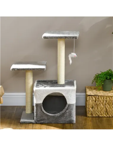 PawHut Cat Tree w/ Sisal Scratching Posts, House, Perches, Toy Mouse, Grey