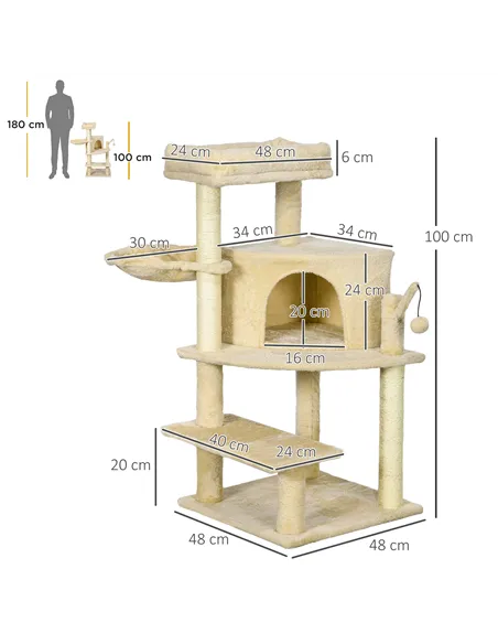 PawHut Sisal 100cm Cat Tree Tower with Sisal Scratching Post Cream White