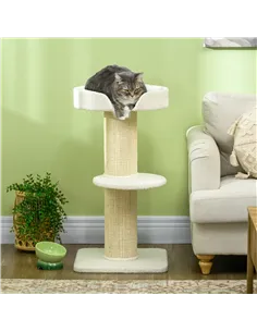 PawHut 2 Tier Sisal Sherpa Cat Tree with Basket Cushion Sisal Post Cream White 2