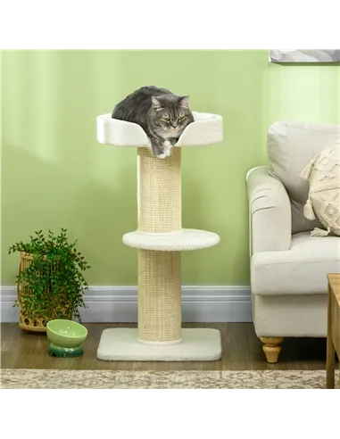 PawHut 2 Tier Sisal Sherpa Cat Tree with Basket Cushion Sisal Post Cream White