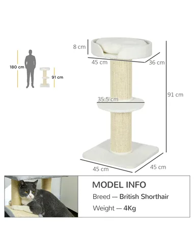 PawHut 2 Tier Sisal Sherpa Cat Tree with Basket Cushion Sisal Post Cream White