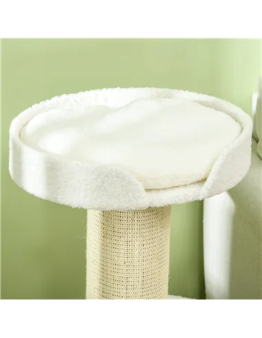 PawHut 2 Tier Sisal Sherpa Cat Tree with Basket Cushion Sisal Post Cream White
