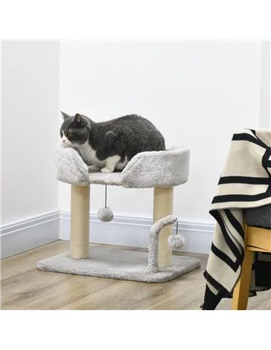 PawHut 42cm Indoor Cat Tree, with Toy Balls, Sisal Scratching Post - Light Grey