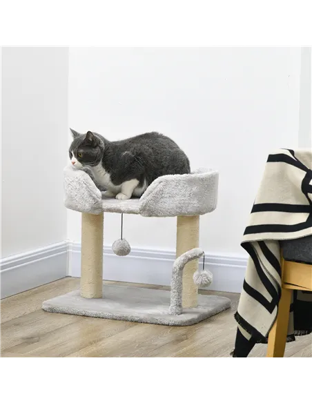 PawHut 42cm Indoor Cat Tree, with Toy Balls, Sisal Scratching Post - Light Grey