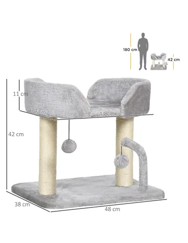PawHut 42cm Indoor Cat Tree, with Toy Balls, Sisal Scratching Post - Light Grey