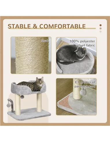 PawHut 42cm Indoor Cat Tree, with Toy Balls, Sisal Scratching Post - Light Grey