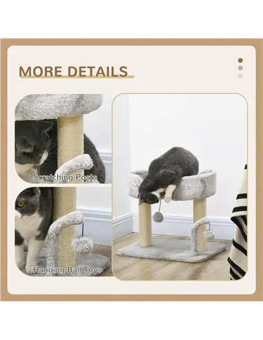 PawHut 42cm Indoor Cat Tree, with Toy Balls, Sisal Scratching Post - Light Grey