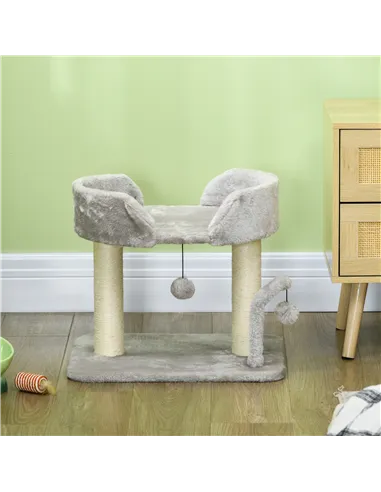 PawHut 42cm Indoor Cat Tree, with Toy Balls, Sisal Scratching Post - Light Grey