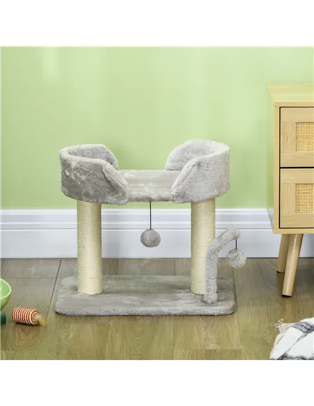 PawHut 42cm Indoor Cat Tree, with Toy Balls, Sisal Scratching Post - Light Grey