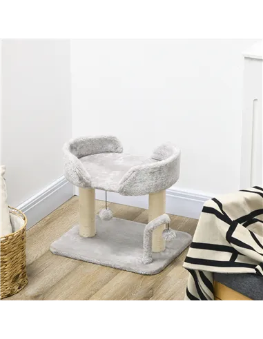 PawHut 42cm Indoor Cat Tree, with Toy Balls, Sisal Scratching Post - Light Grey
