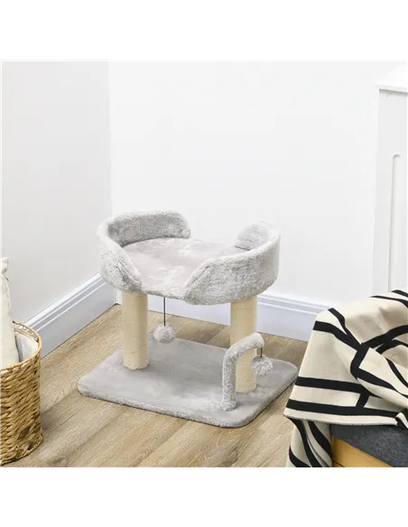 PawHut 42cm Indoor Cat Tree, with Toy Balls, Sisal Scratching Post - Light Grey