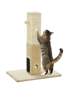 PawHut Jute Cat Scratching Post w/ Carpet Base Hanging Toy - Beige