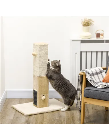 PawHut Jute Cat Scratching Post w/ Carpet Base Hanging Toy - Beige