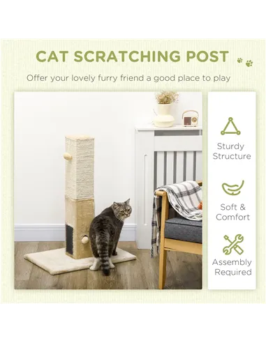 PawHut Jute Cat Scratching Post w/ Carpet Base Hanging Toy - Beige