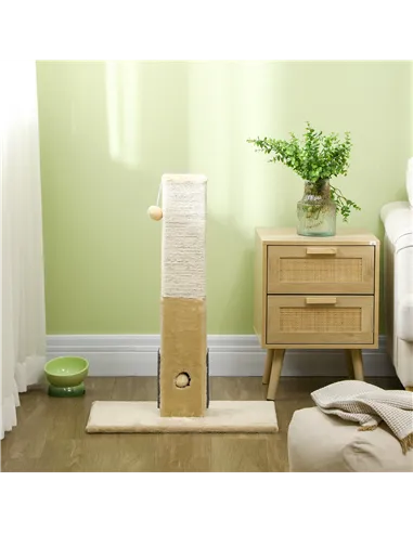 PawHut Jute Cat Scratching Post w/ Carpet Base Hanging Toy - Beige