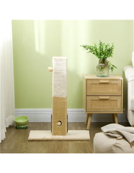 PawHut Jute Cat Scratching Post w/ Carpet Base Hanging Toy - Beige