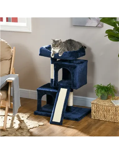 PawHut Sisal Cat Rest & Play Activity Tree w/ 2 House Navy Blue