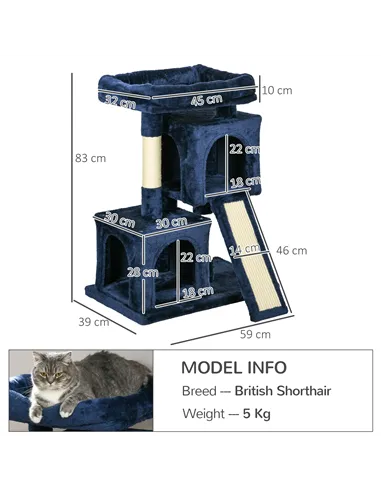 PawHut Sisal Cat Rest & Play Activity Tree w/ 2 House Navy Blue