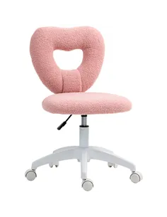 HOMCOM Armless Heart Computer Desk Chair, Teddy Fleece Swivel Office Chair, Makeup Vanity Chair with Height Adjustable, Wheels, 