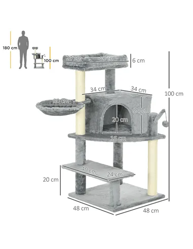 PawHut Sisal 100cm Cat Tree Tower with Sisal Scratching Post Grey