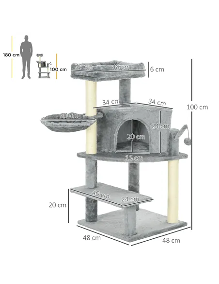 PawHut Sisal 100cm Cat Tree Tower with Sisal Scratching Post Grey