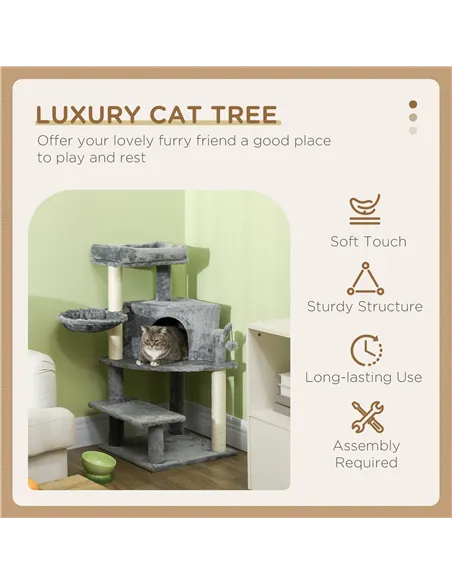 PawHut Sisal 100cm Cat Tree Tower with Sisal Scratching Post Grey