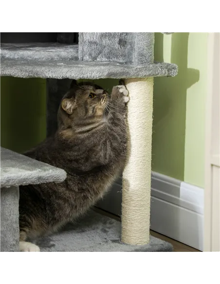 PawHut Sisal 100cm Cat Tree Tower with Sisal Scratching Post Grey